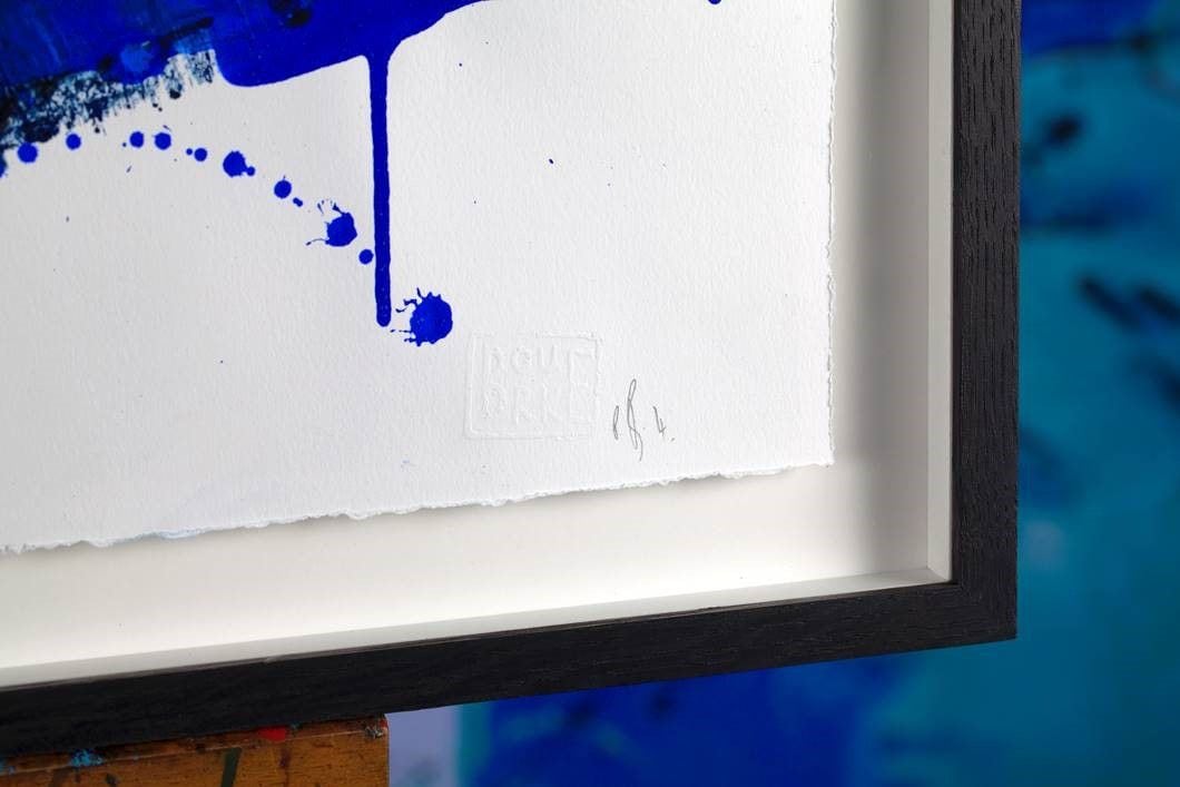 Piers Bourke, Blue Black Fan - acrylic pigment on paper. Spacer Framing by Genesis.